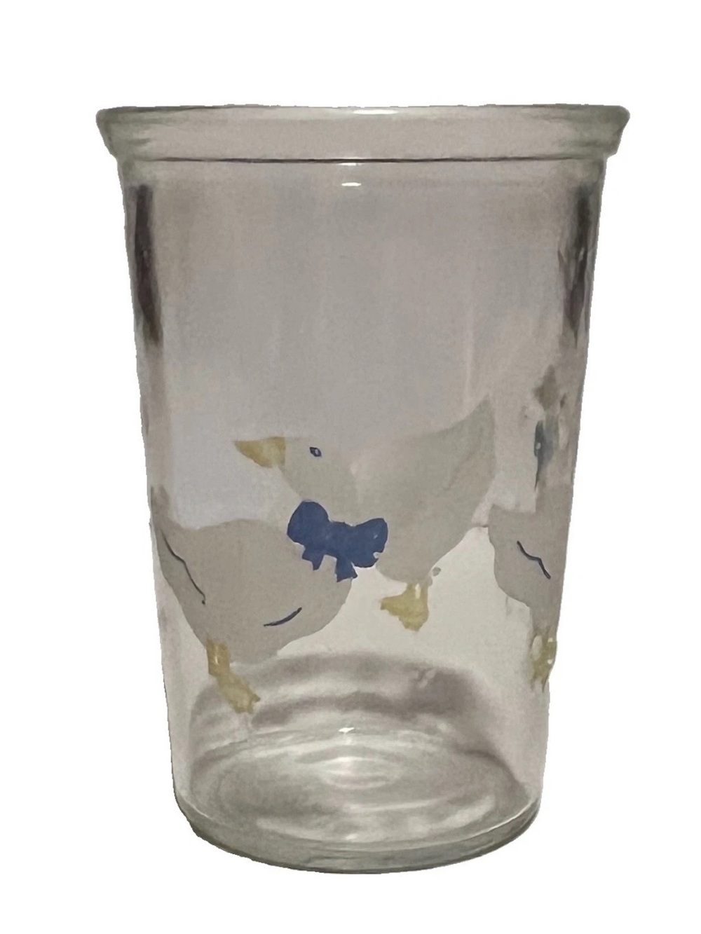 Vintage 4” Bama Jelly Juice Jar Duck Geese Blue Bows Glass (0027)